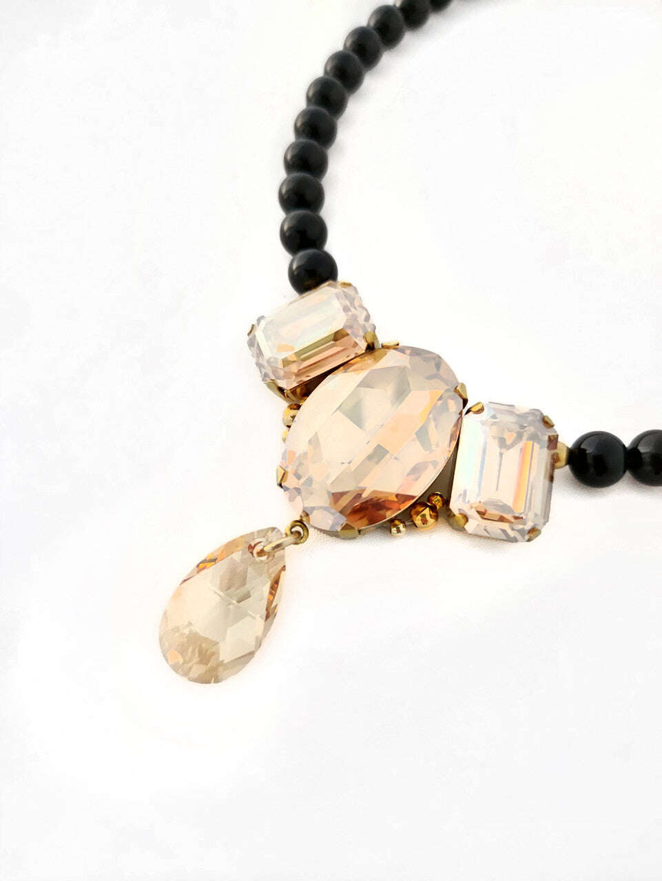 Black Swarovski Glass Beaded Necklace With Champagne Color Crystal Pendant Nolo Store