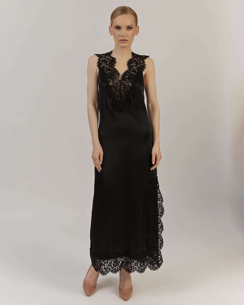 BLACK SATIN MIDI DRESS WITH LACE |MARISA Nolo Store