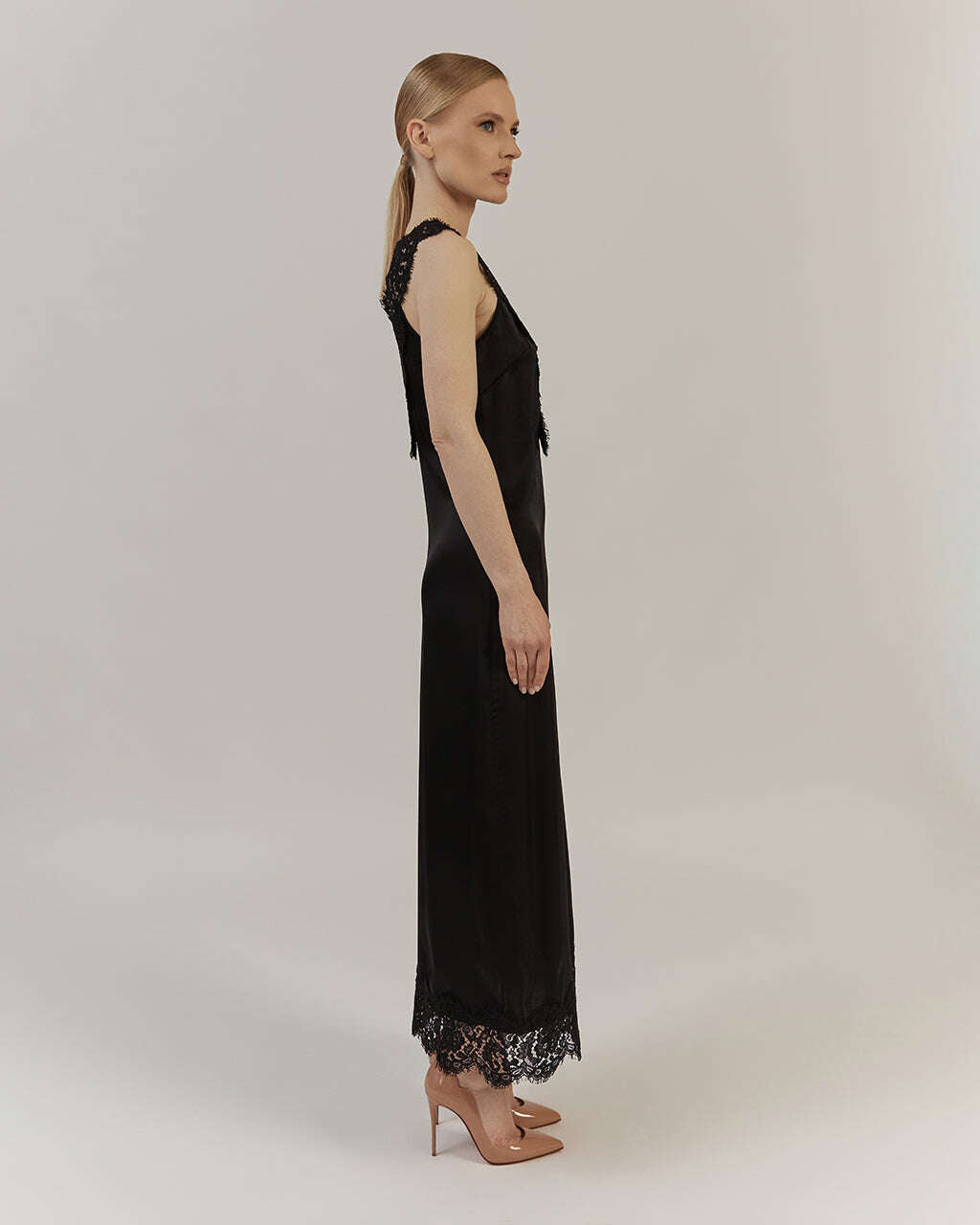 BLACK SATIN MIDI DRESS WITH LACE |MARISA Nolo Store