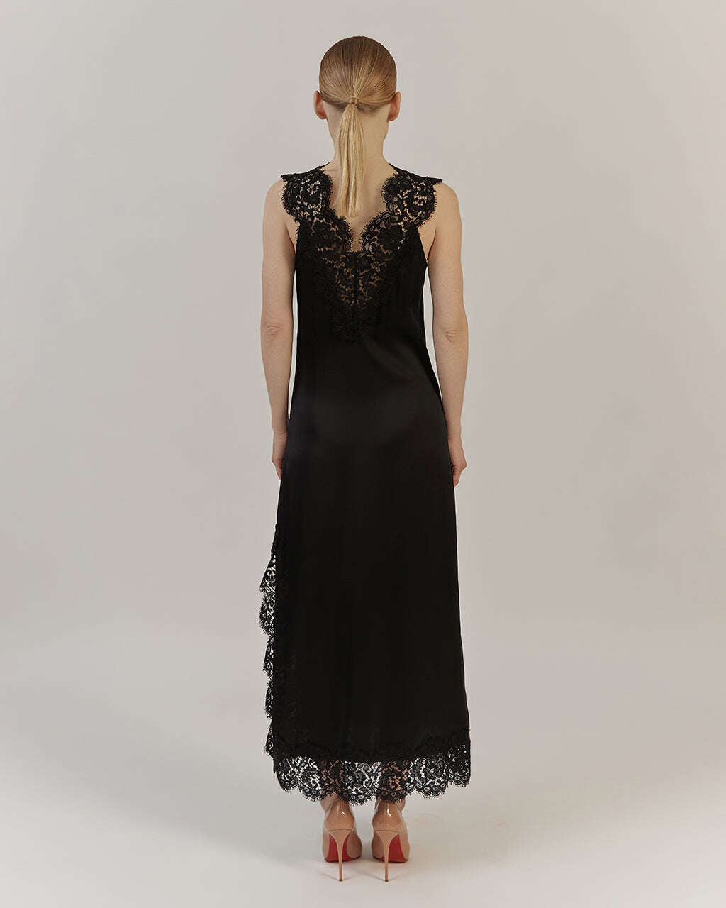 BLACK SATIN MIDI DRESS WITH LACE |MARISA Nolo Store
