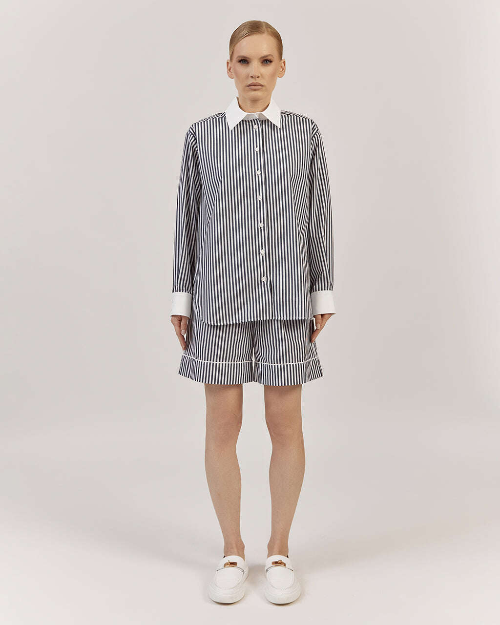 STRIPED COTTON HIGH WAIST BERMUDA SHORTS | TULIA Nolo Store