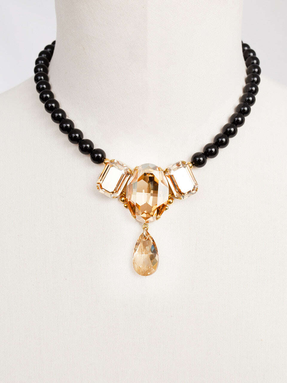 Black Swarovski Glass Beaded Necklace With Champagne Color Crystal Pendant Nolo Store