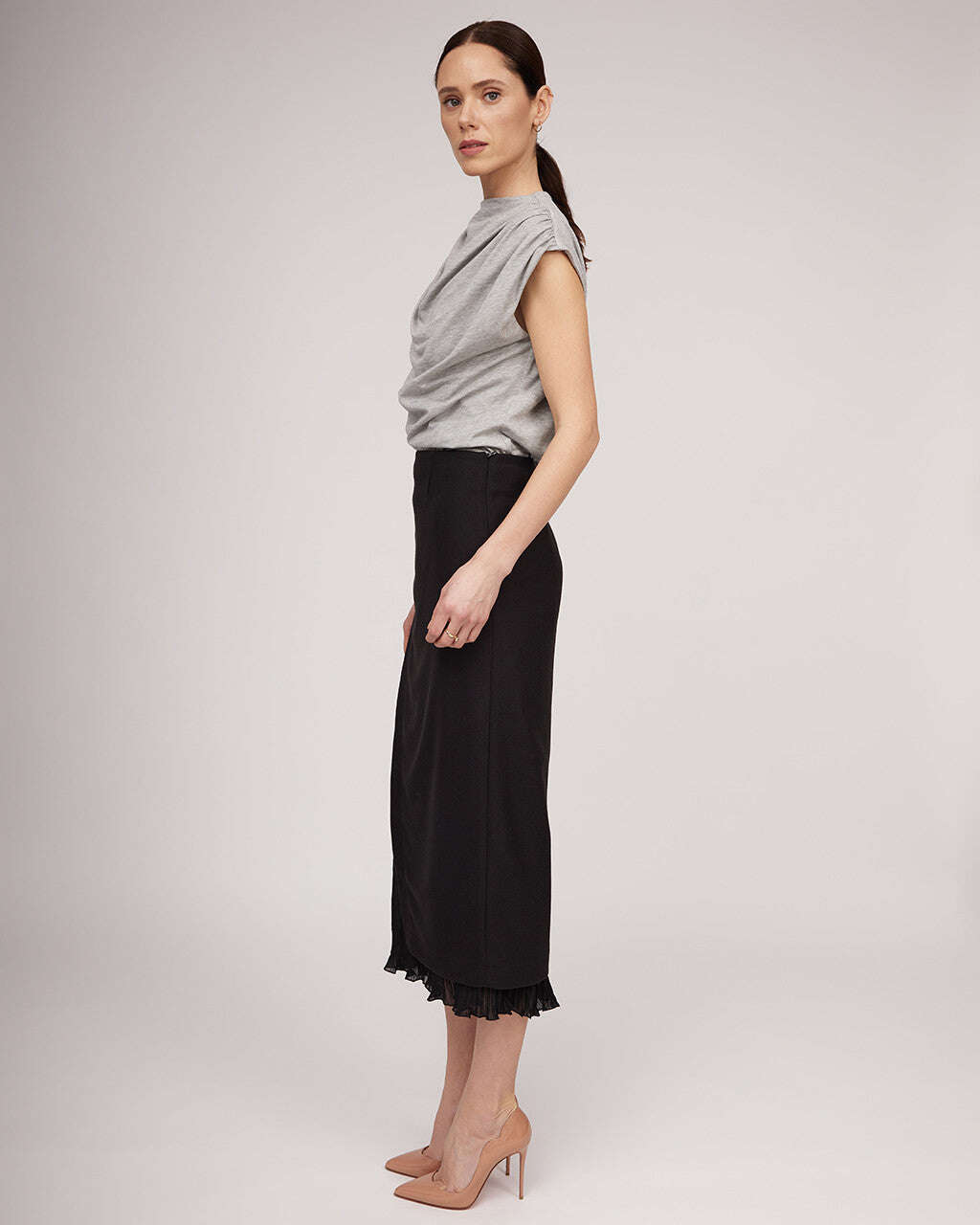 Black midi length skirt with a distinctive silhouette and pleats | IRENE Nolo Store