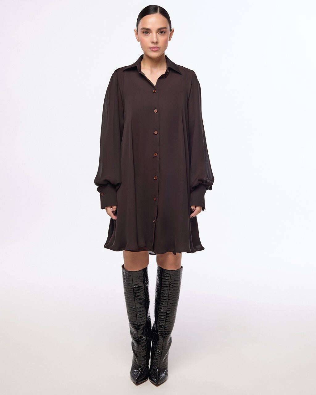 Free falling brown chiffon shirt mini dress | MENA Nolo Store