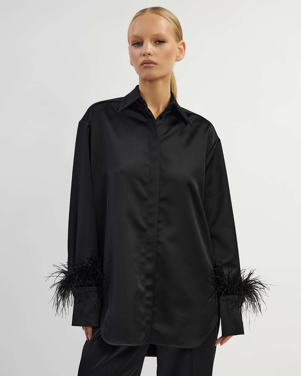 Black satin shirt with feathers| AOMY Nolo Store