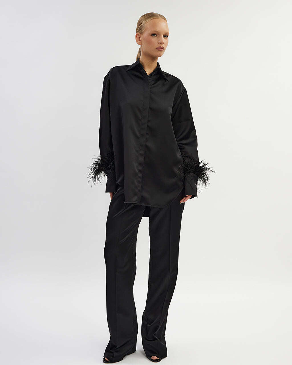 Black satin shirt with feathers| AOMY Nolo Store