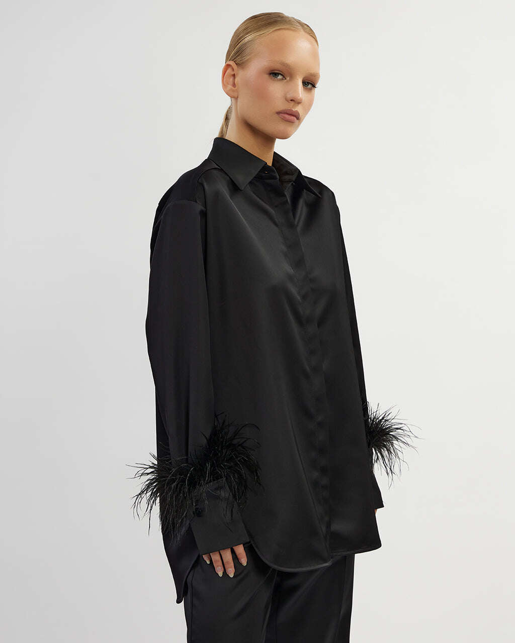 Black satin shirt with feathers| AOMY Nolo Store