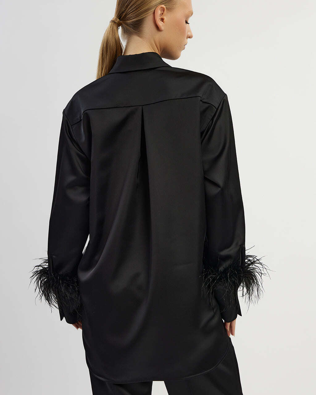 Black satin shirt with feathers| AOMY Nolo Store