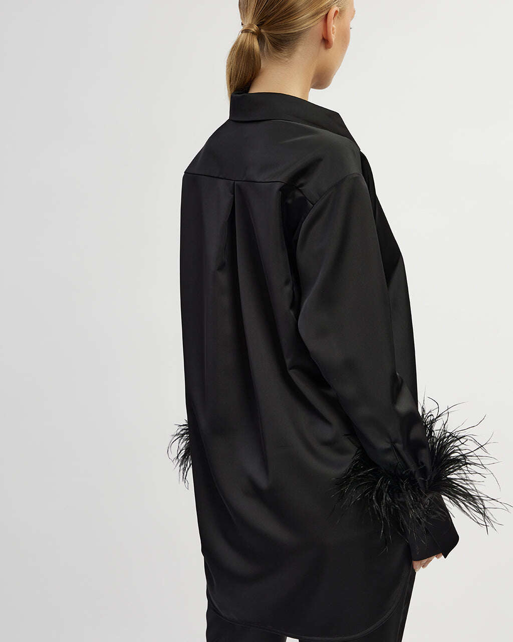 Black satin shirt with feathers| AOMY Nolo Store