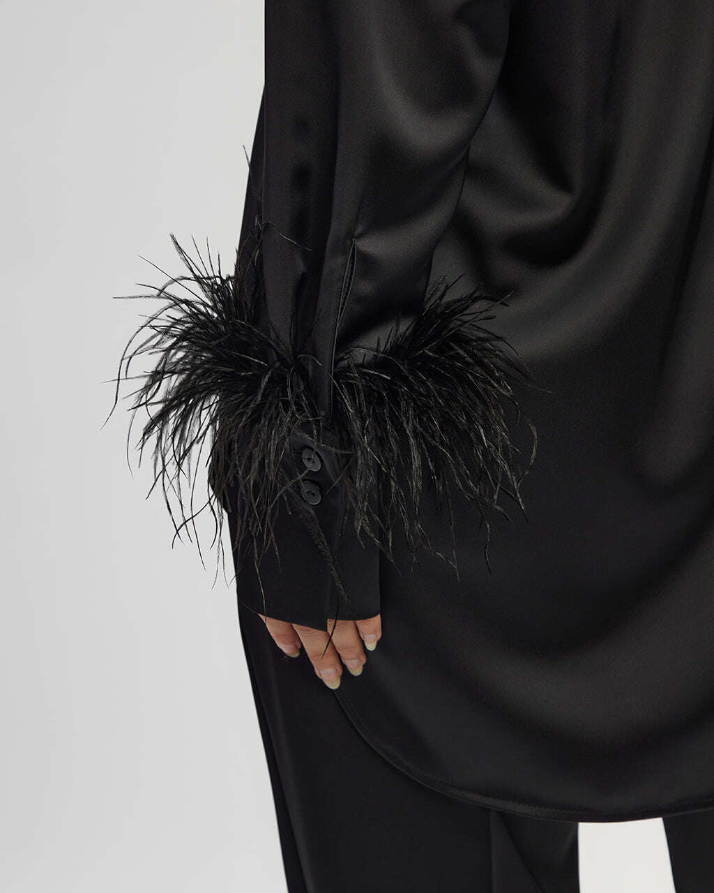 Black satin shirt with feathers| AOMY Nolo Store