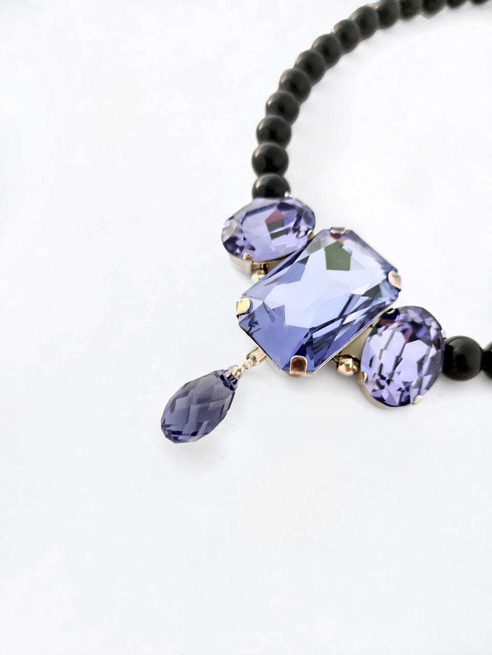 Black Swarovski Glass Beaded Necklace With Lilac Crystal Pendant Nolo Store