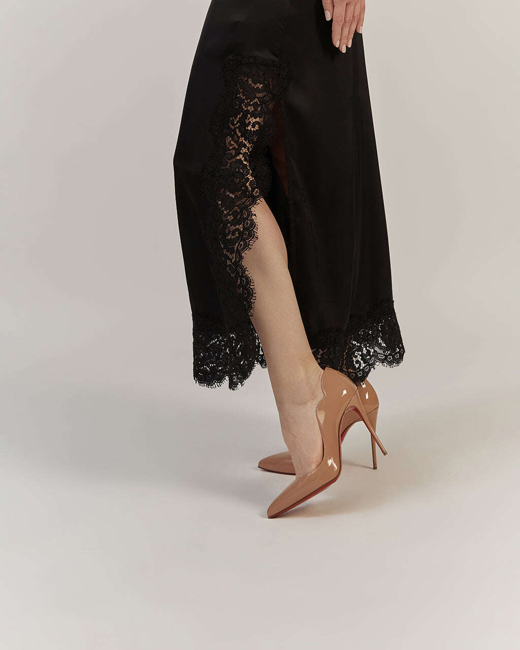 BLACK SATIN MIDI DRESS WITH LACE |MARISA Nolo Store