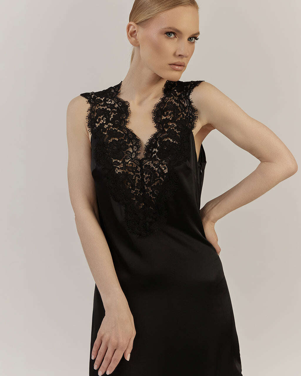 BLACK SATIN MIDI DRESS WITH LACE |MARISA Nolo Store