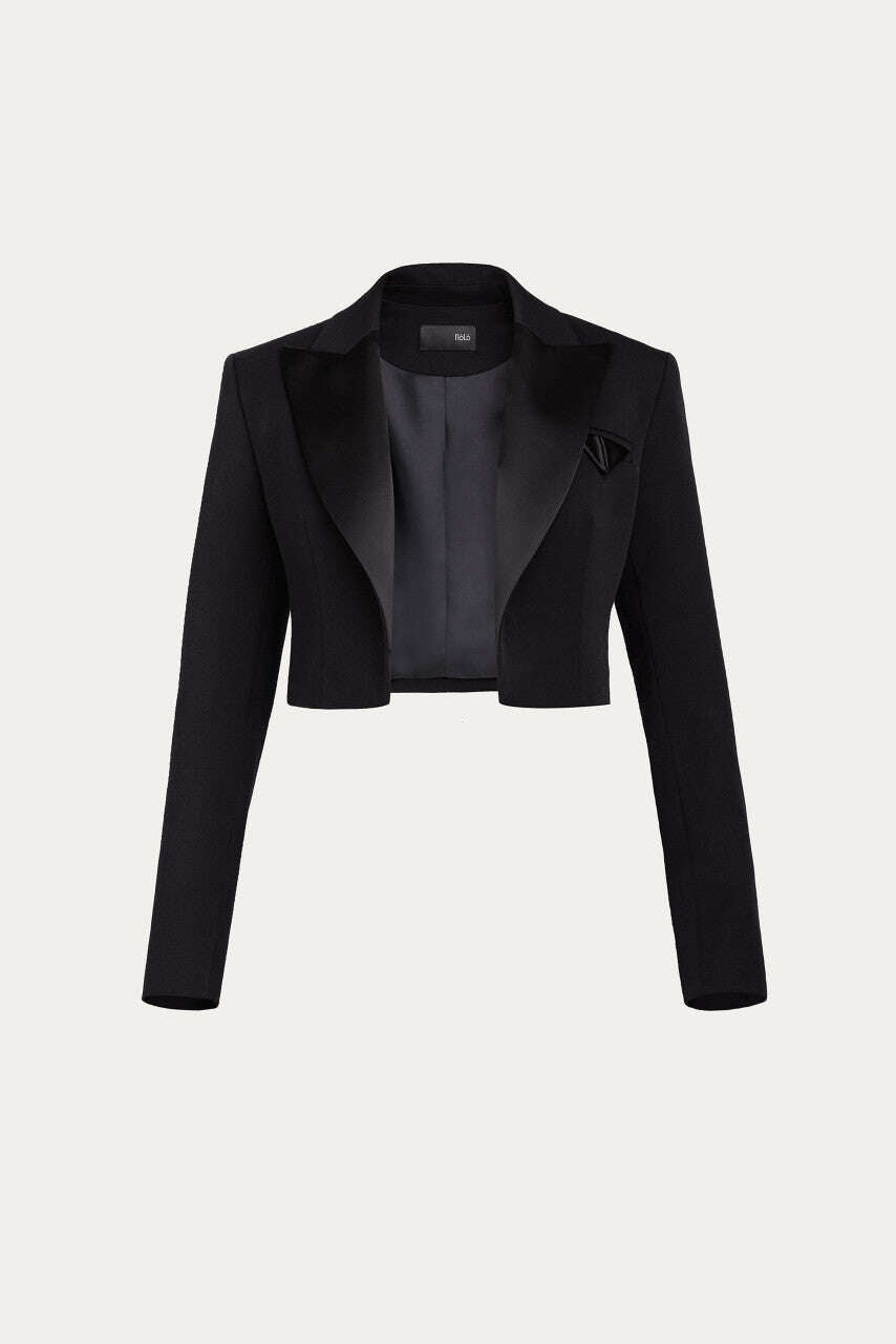 Black short jacket with satin details | HIZEO Nolo Store