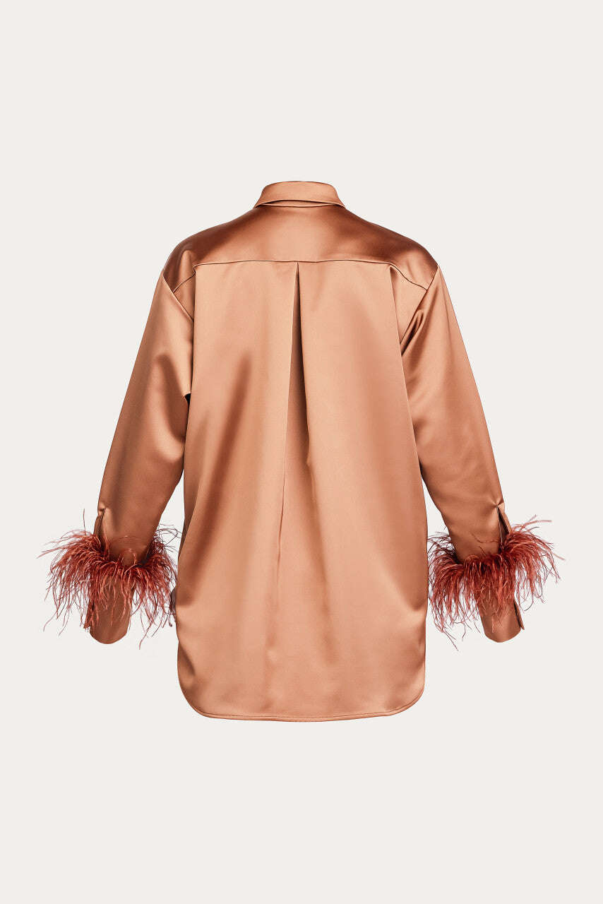 Satin straight cut shirt with ostrich feather trim | AOMY Nolo Store