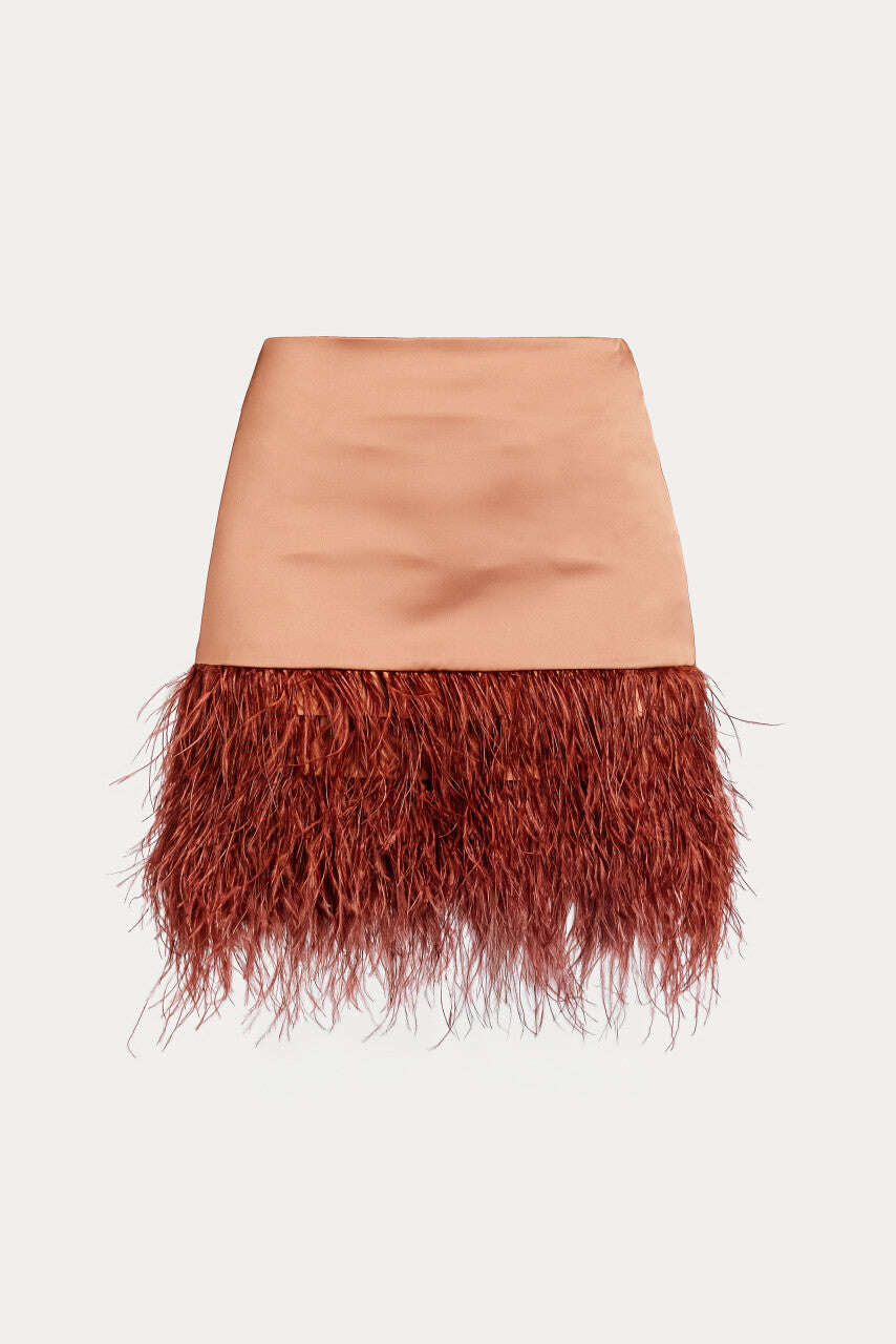 Satin mini skirt with ostrich feather trim | UMEYA Nolo Store