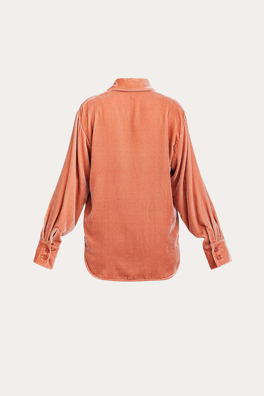 Camel-colored straight-cut silk velvet shirt | HITOSHI Nolo Store