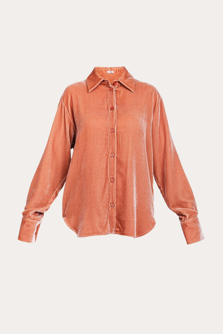 Camel-colored straight-cut silk velvet shirt | HITOSHI Nolo Store
