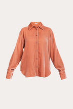 Camel-colored straight-cut silk velvet shirt | HITOSHI Nolo Store
