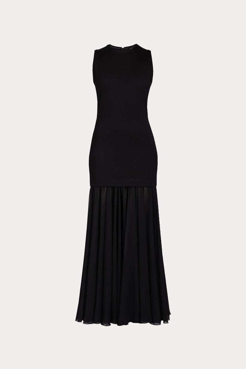 Long black and elegant dense jersey evening dress with chiffon skirt part | KEMEKO Nolo Store