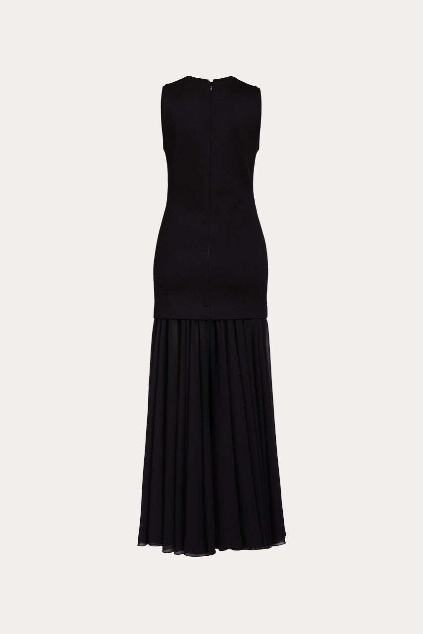 Long black and elegant dense jersey evening dress with chiffon skirt part | KEMEKO Nolo Store