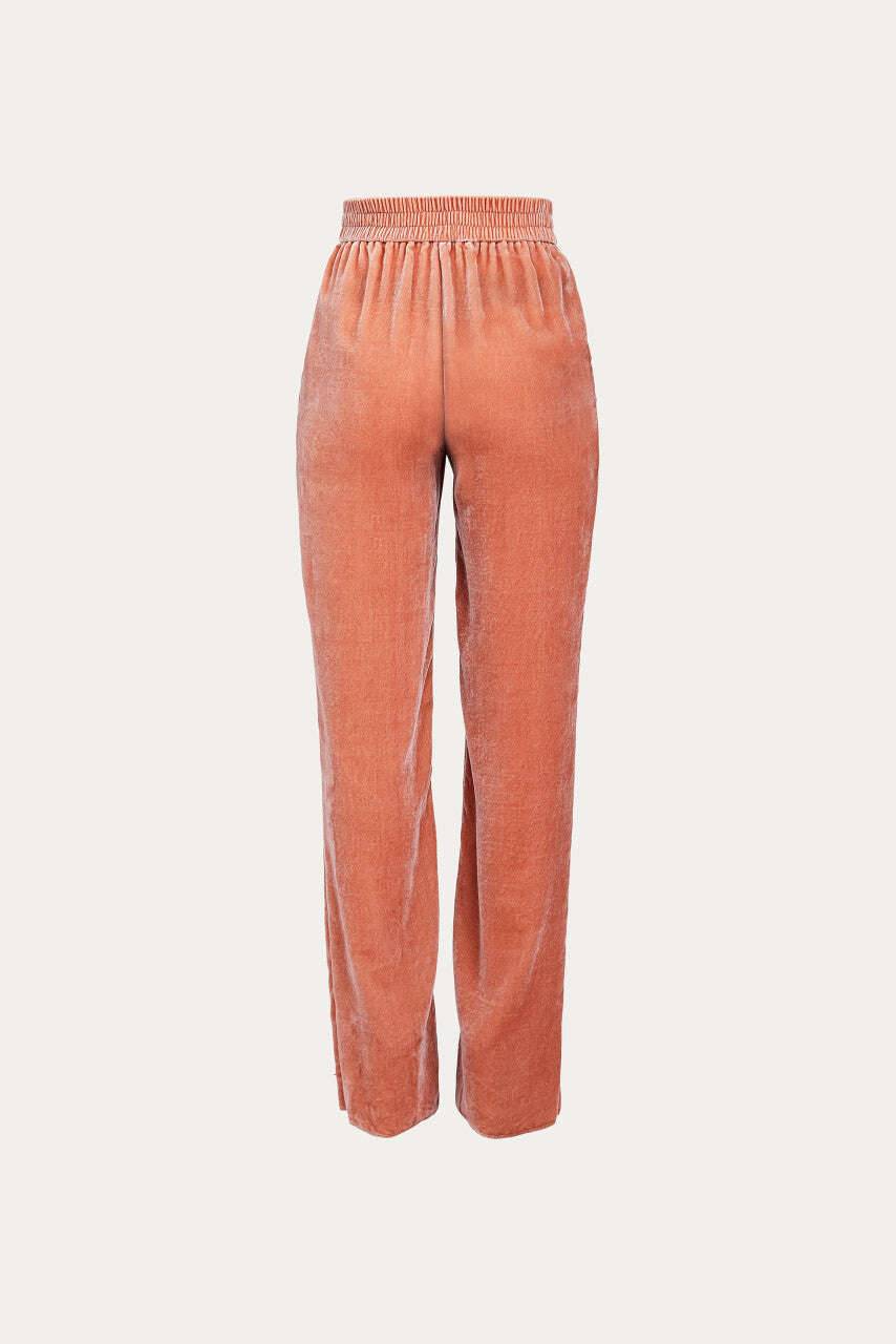 Camel-colored, loose silhouette silk satin trousers | NOBU Nolo Store