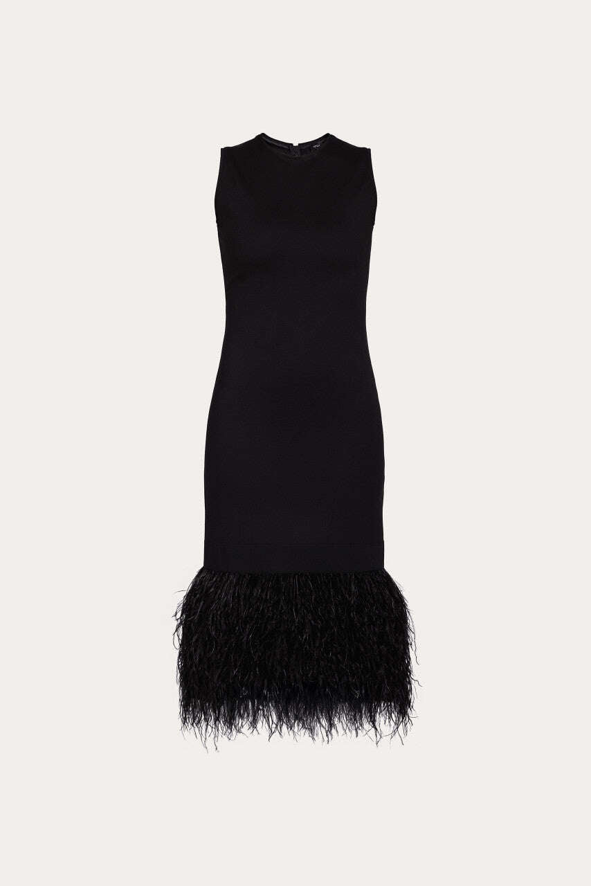 Black midi length dress with ostrich feather detailing | AZEMI Nolo Store