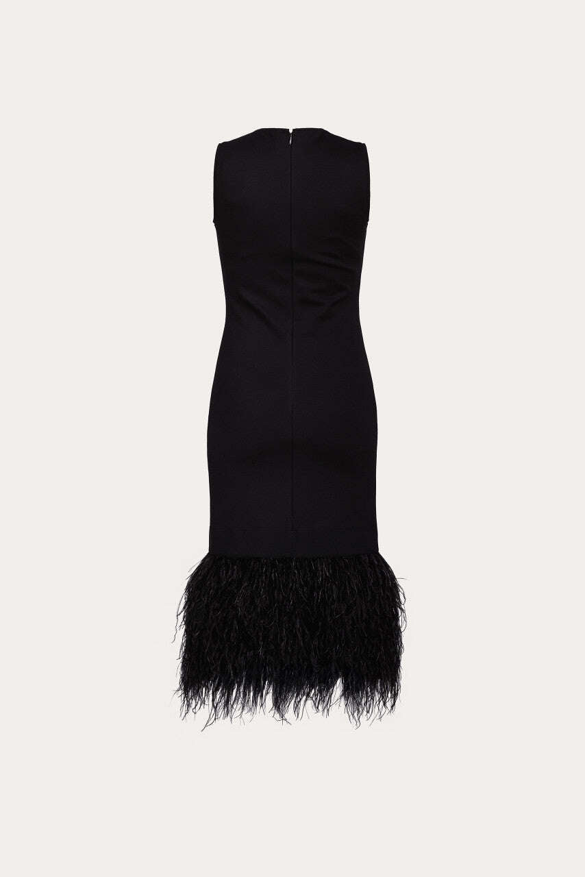 Black midi length dress with ostrich feather detailing | AZEMI Nolo Store