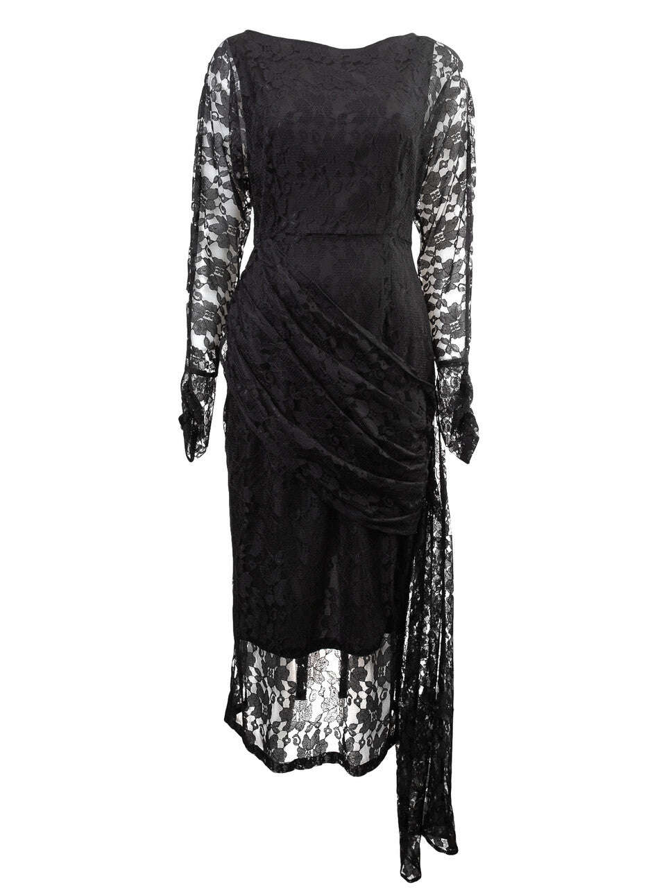 Black Lace Straight Cut Midi Dress With Ruching Detail | HIKARI Nolo Store