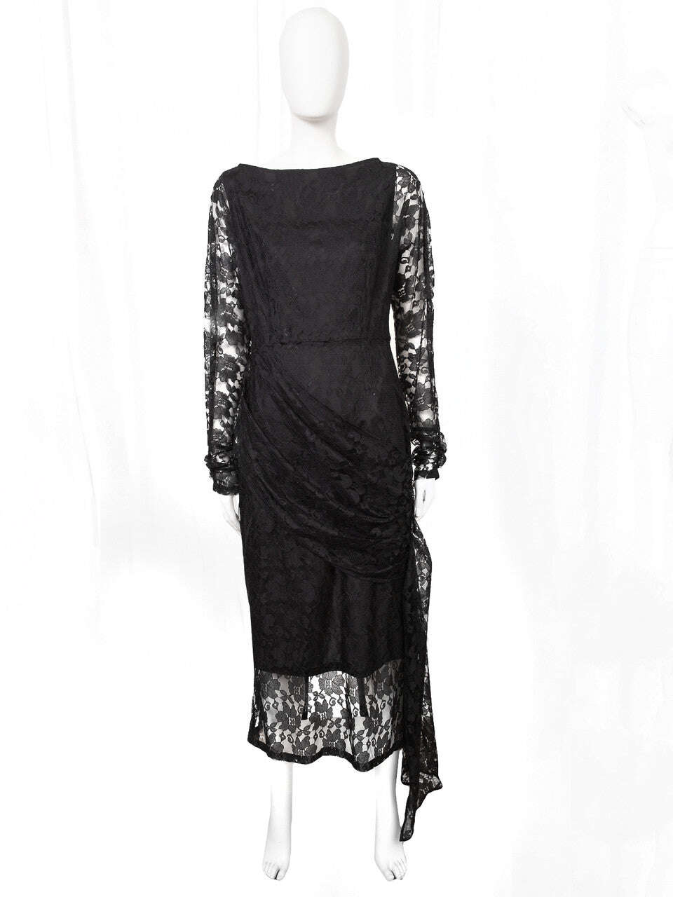 Black Lace Straight Cut Midi Dress With Ruching Detail | HIKARI Nolo Store