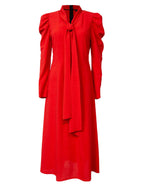 Red Midi Dress With Ruched Sleeves And  Tie Neck | SAYAKA Nolo Store