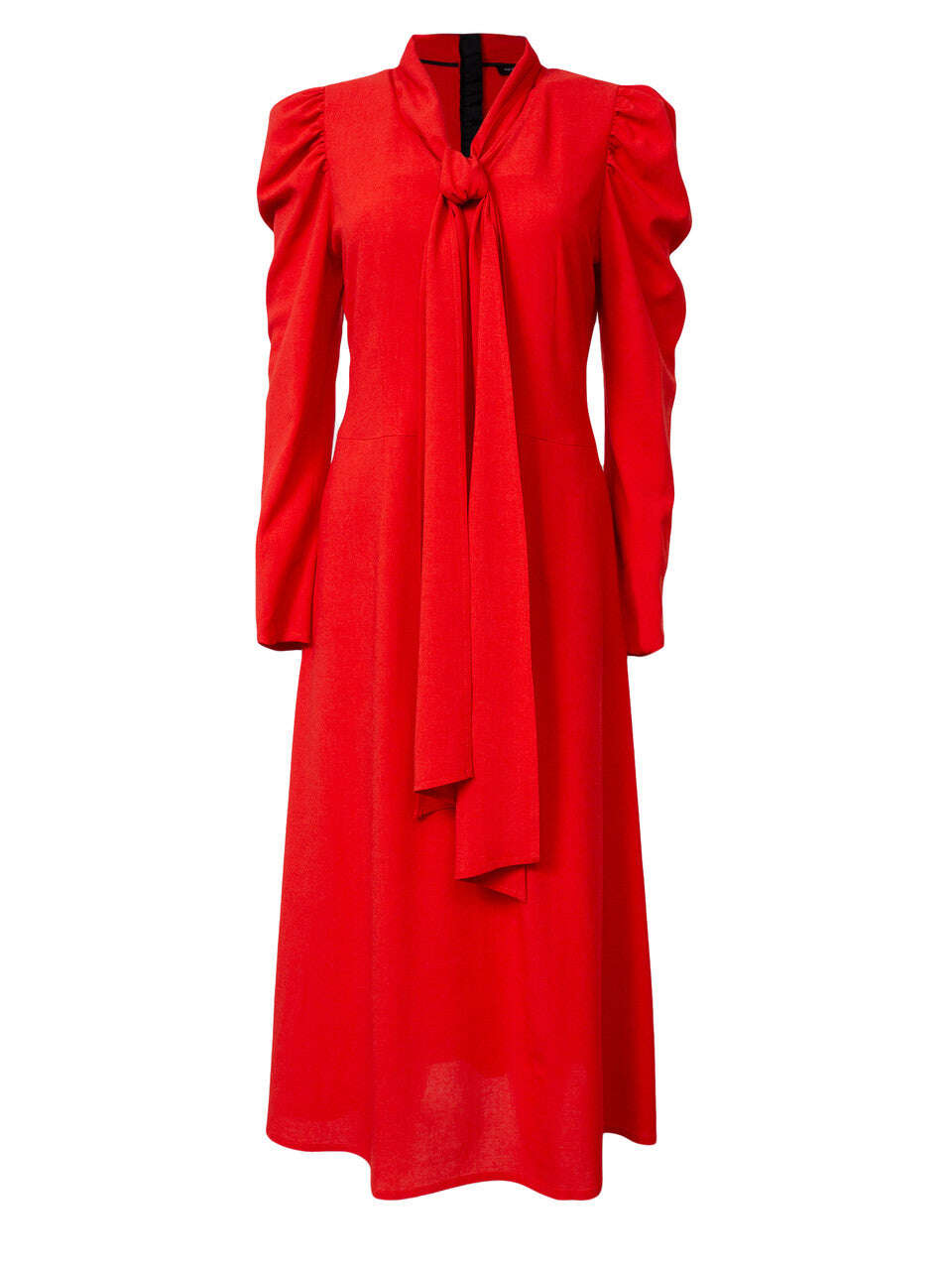 Red Midi Dress With Ruched Sleeves And  Tie Neck | SAYAKA Nolo Store