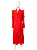 Red Midi Dress With Ruched Sleeves And  Tie Neck | SAYAKA Nolo Store