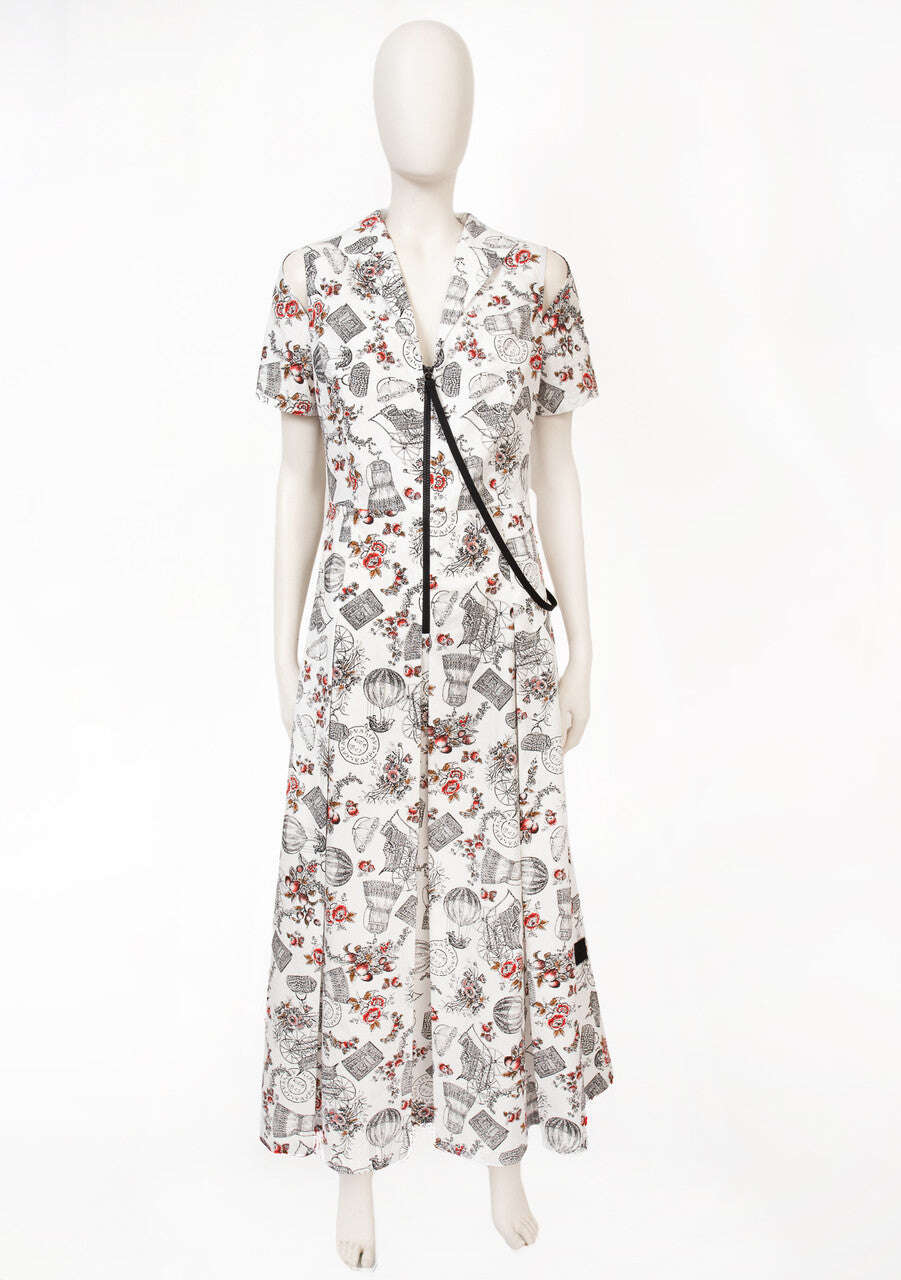 White Printed Midi Dress With Zip-Front | HARO Nolo Store