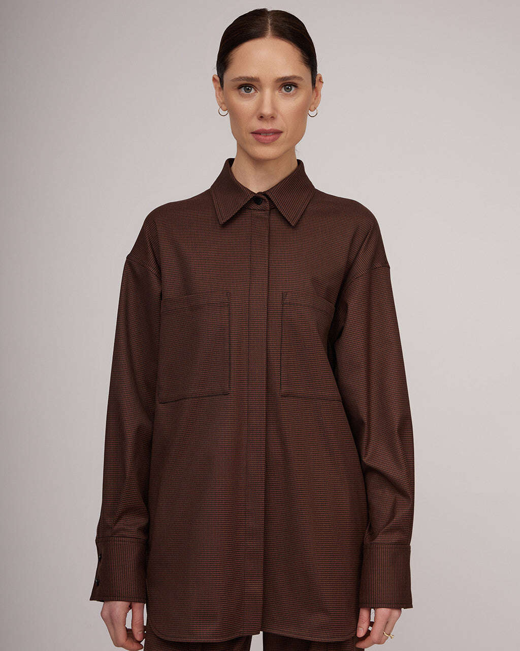 Brown loose fit shirt with a delicate bird foot pattern | ODELINA Nolo Store