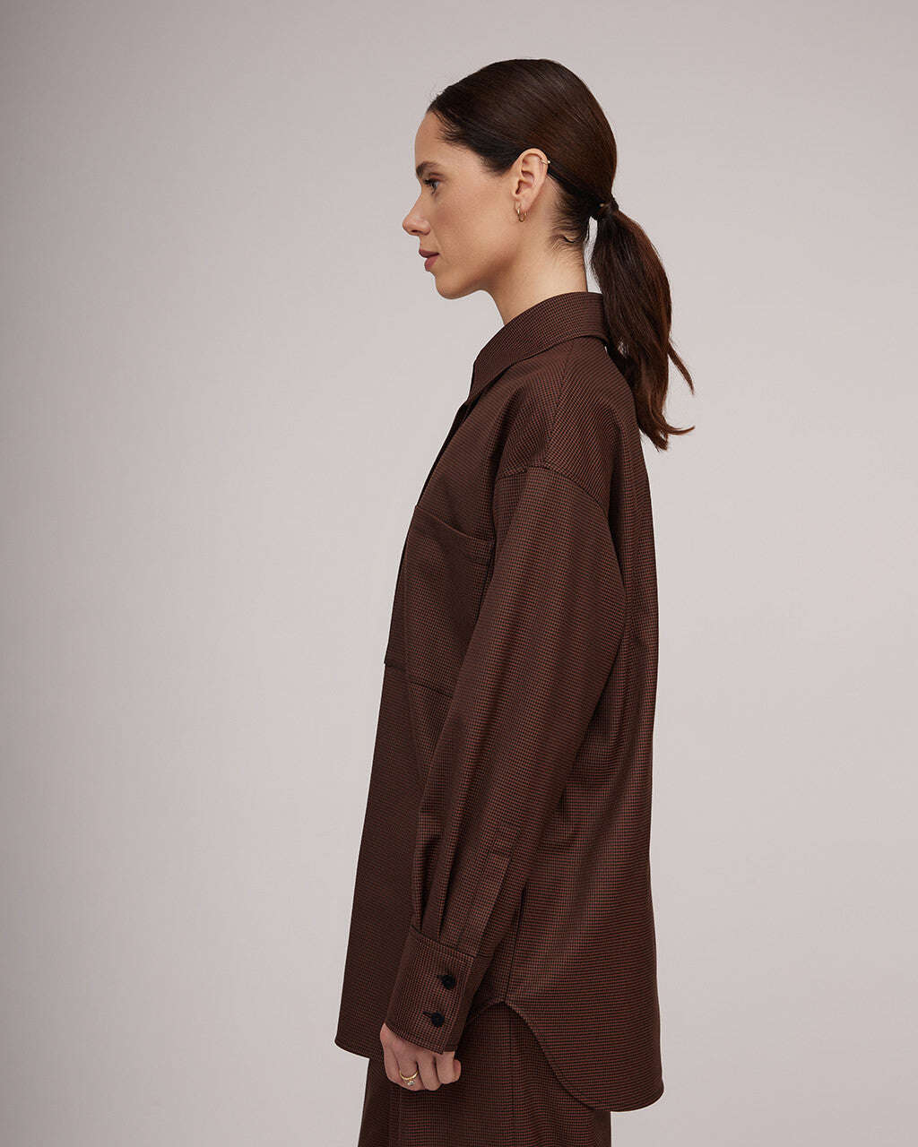 Brown loose fit shirt with a delicate bird foot pattern | ODELINA Nolo Store