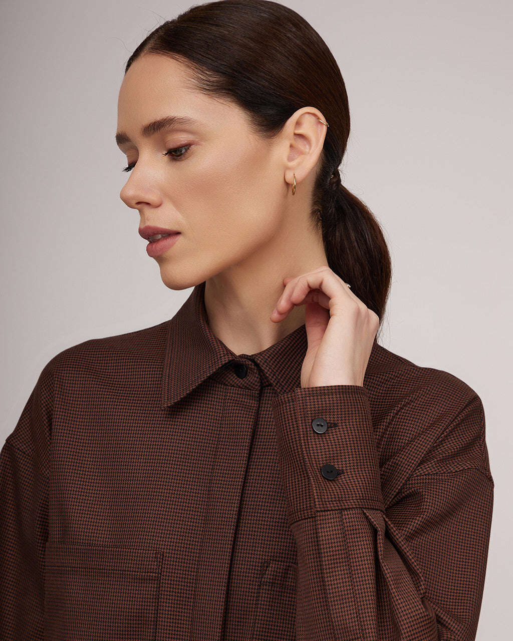 Brown loose fit shirt with a delicate bird foot pattern | ODELINA Nolo Store