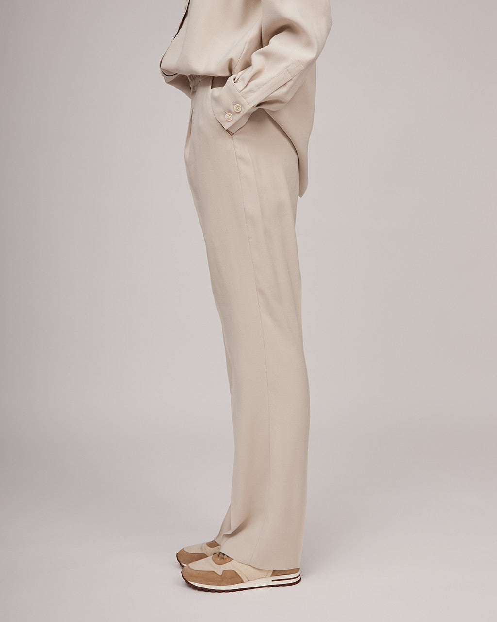 Grey and white viscose classic trousers with elastic waistband and fasteners | KIARA