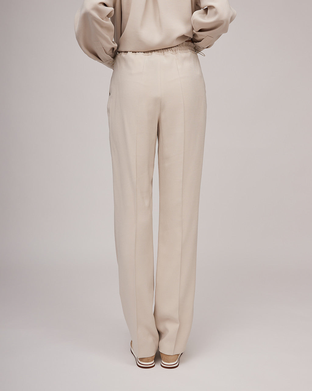 Grey and white viscose classic trousers with elastic waistband and fasteners | KIARA