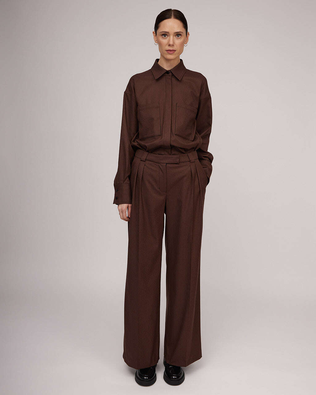 Brown loose fit shirt with a delicate bird foot pattern | ODELINA Nolo Store