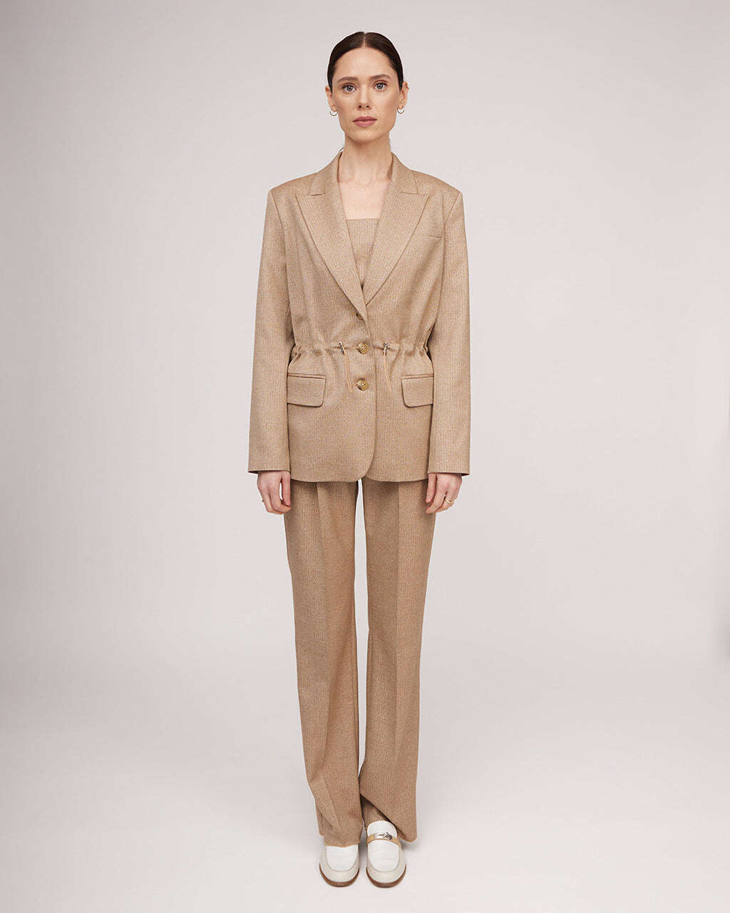 Camel-colored metallic sheen tweed jacket with a cinched waist | LORETTA Nolo Store