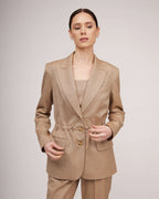 Camel-colored metallic sheen tweed jacket with a cinched waist | LORETTA Nolo Store