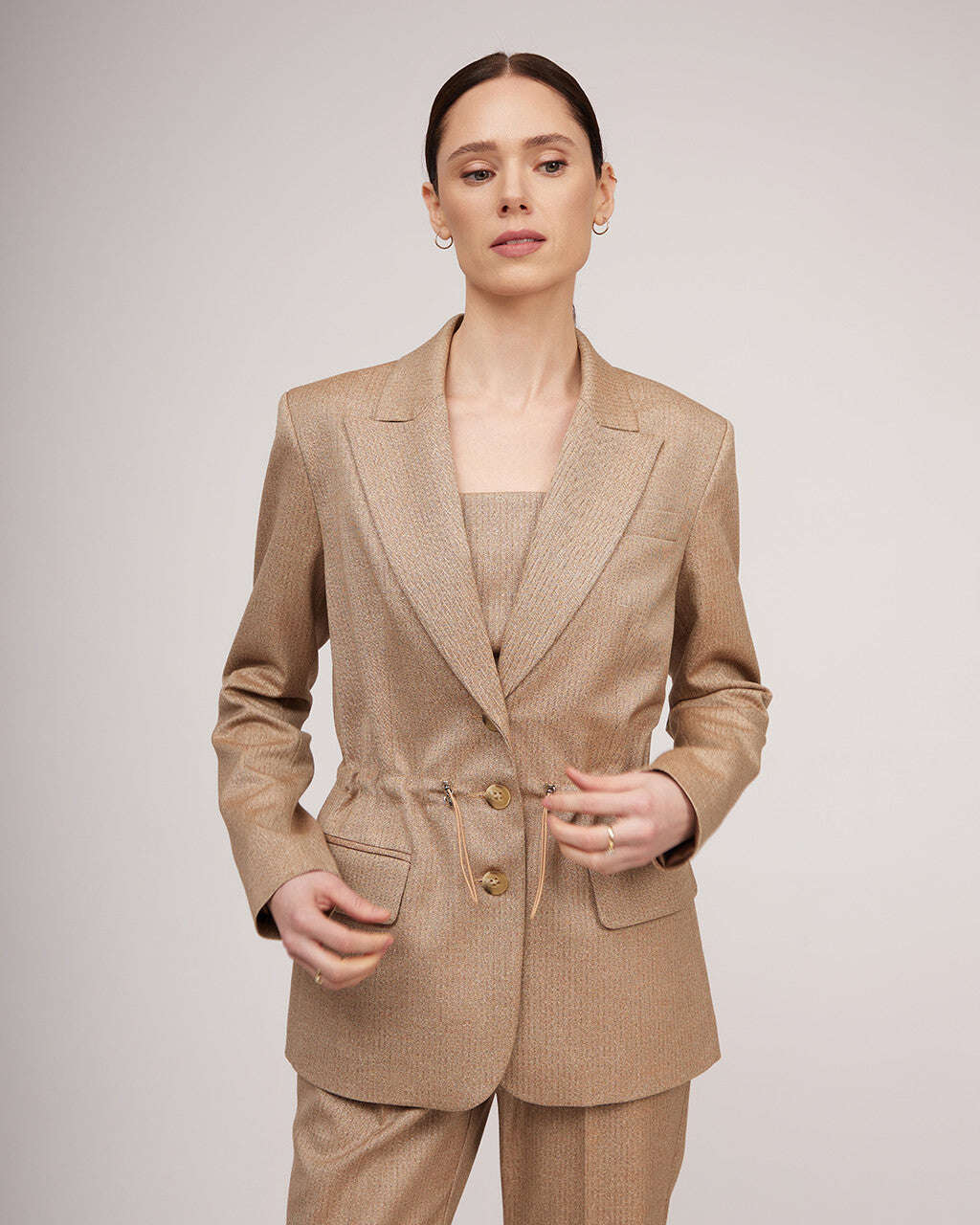 Camel-colored metallic sheen tweed jacket with a cinched waist | LORETTA Nolo Store