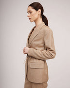 Camel-colored metallic sheen tweed jacket with a cinched waist | LORETTA Nolo Store