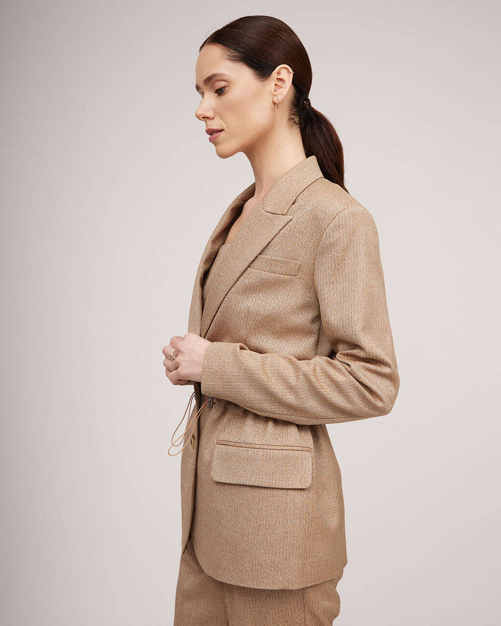 Camel-colored metallic sheen tweed jacket with a cinched waist | LORETTA Nolo Store