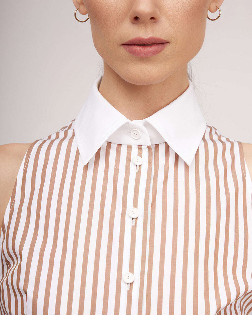 Camel-colored striped pique cotton shirt with a classic collar | MILA Nolo Store