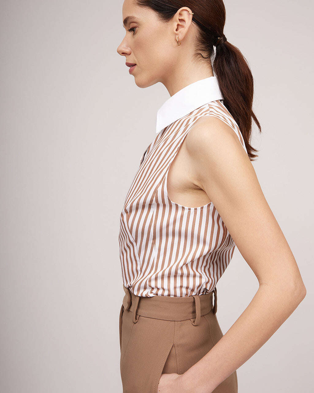 Camel-colored striped pique cotton shirt with a classic collar | MILA Nolo Store