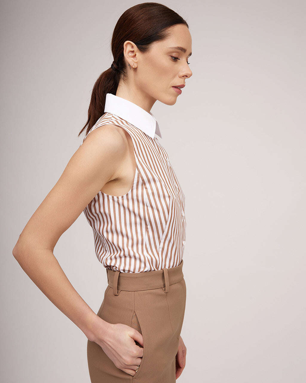 Camel-colored striped pique cotton shirt with a classic collar | MILA Nolo Store