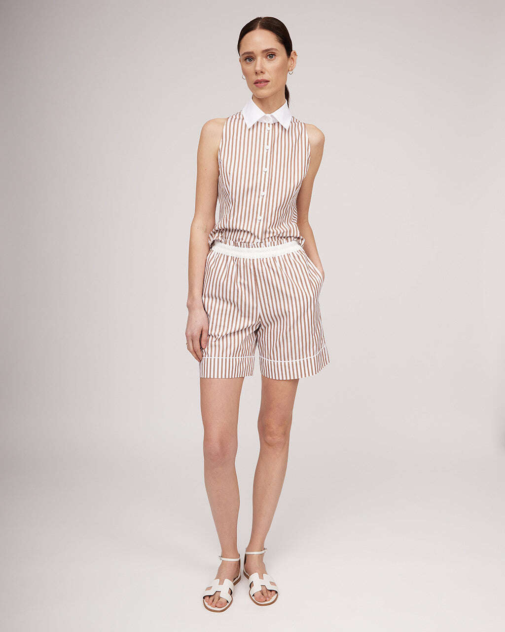 Camel-colored striped leisure cotton shorts | TULIA Nolo Store