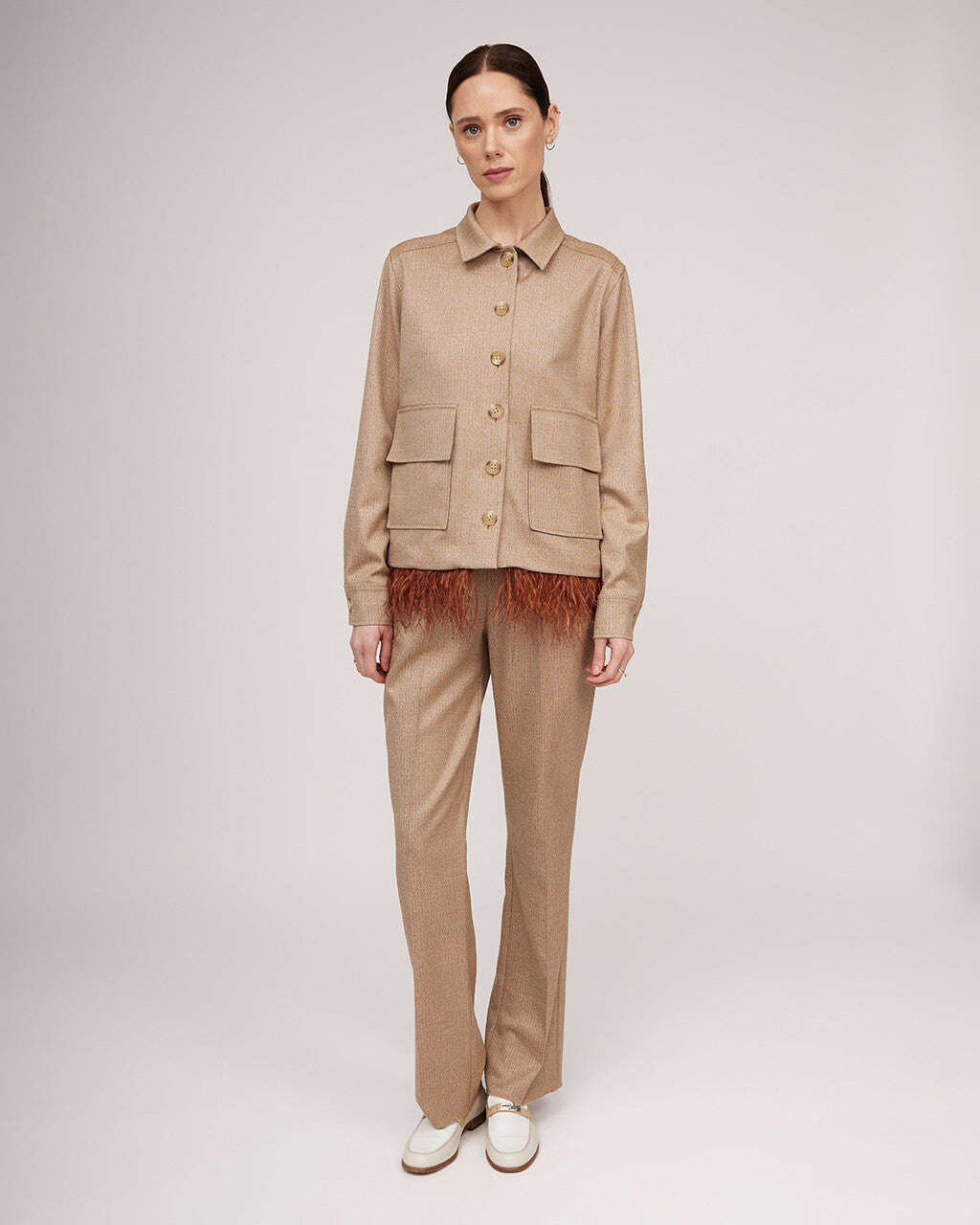 Camel-colored metallic sheen short jacket with ostrich feather detail | BEATRICE Nolo Store